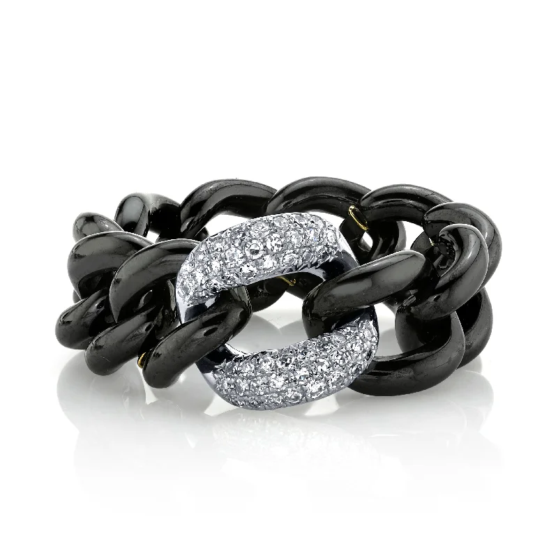 women halo rings -DIAMOND & BLACK CERAMIC MEDIUM LINK RING