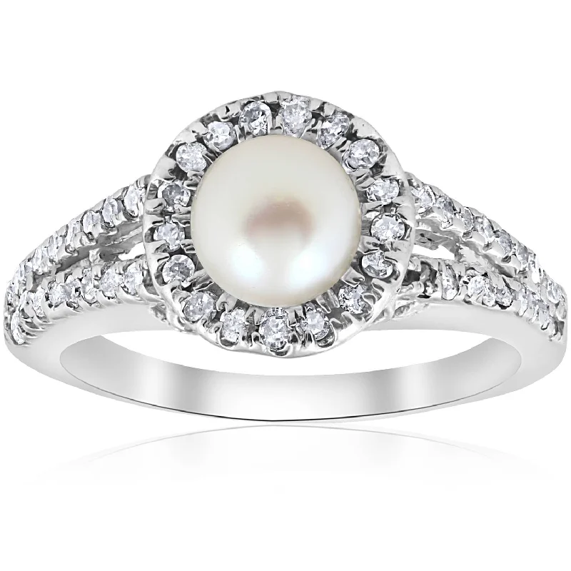 women classic engagement rings -Diamond Pearl Halo Ring 14K White Gold