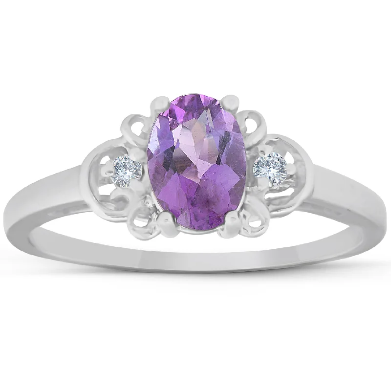 women sapphire engagement rings -1 1/4ct Oval Amethyst & Diamond Ring 14K White Gold