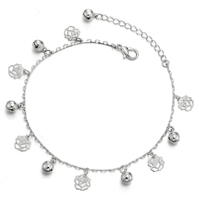 women chain bangles -Link Chain Anklet Bracelet with Dangling Charms of Rose Flower and Jingle Bell, Adjustable