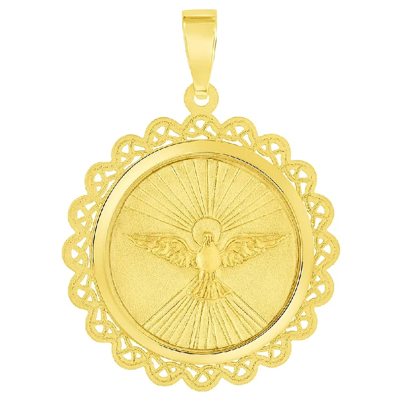 women matching necklaces -14k Yellow Gold Holy Spirit Dove Religious Round Ornate Medal Pendant (1")