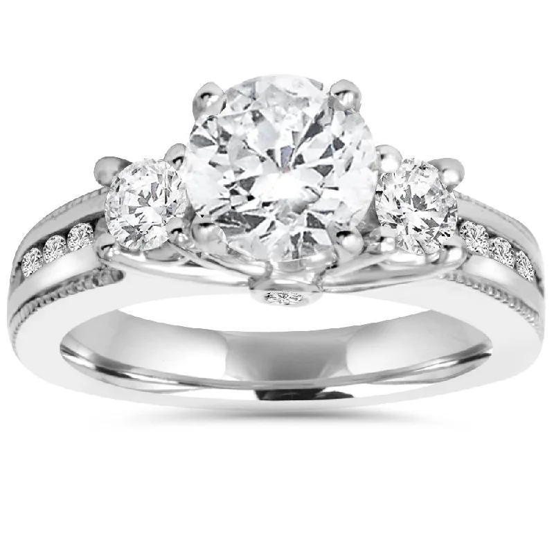 women princess cut solitaire engagement rings -2 ct 3-Stone Round Diamond Engagement Ring 14k White Gold Milgrain Accent