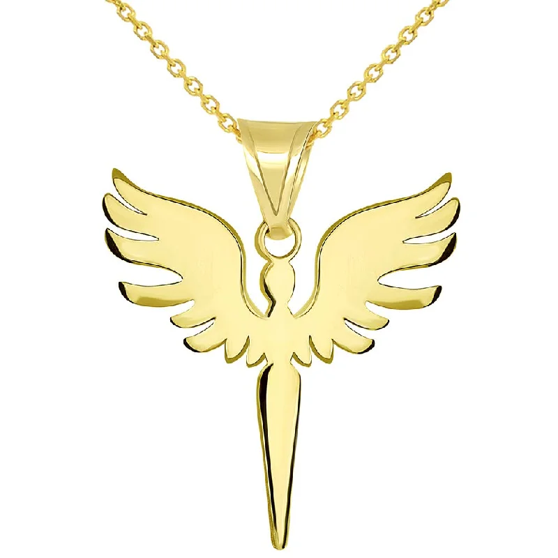 women fancy necklaces -Solid 14k Yellow Gold Guardian Angel Archangel Silhouette Pendant Necklace