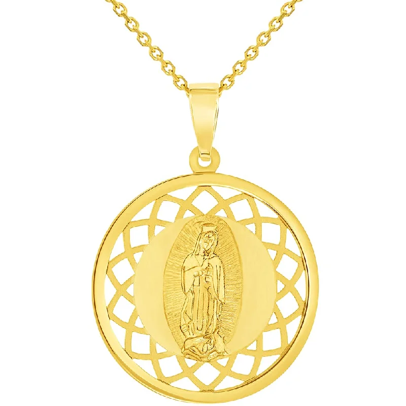 women gold plated necklaces -14k Yellow Gold Ornate Miraculous Medal of Our Lady of Guadalupe Pendant Necklace