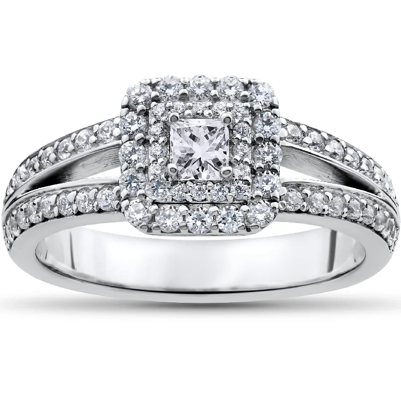 women eternity band engagement rings -1 ct Princess Cut Diamond Double Halo Engagement Ring 14k White Gold