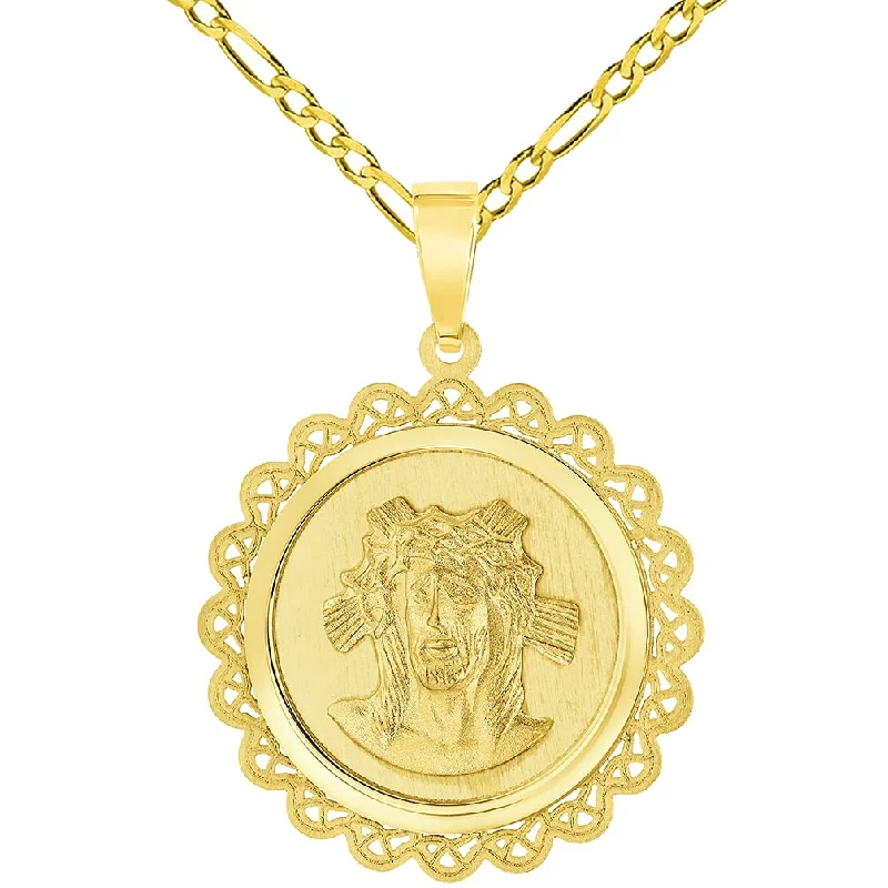 women luxury necklaces -14k Yellow Gold Holy Face of Jesus Christ On Round Ornate Miraculous Medal Pendant with Figaro Chain Necklace