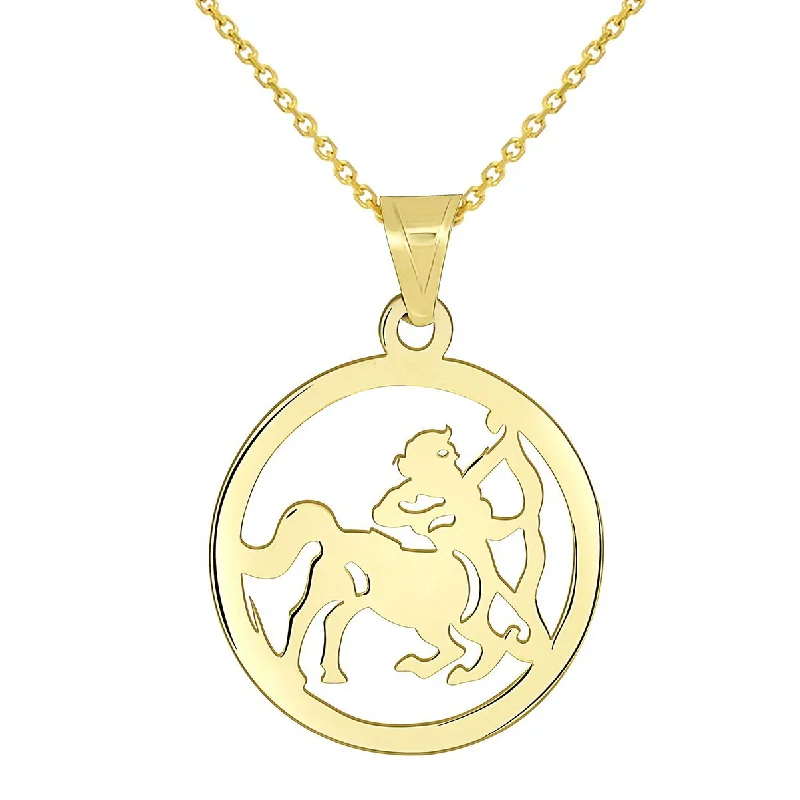 women star-shaped necklaces -14k Yellow Gold Dainty Round Sagittarius Zodiac Sign Cut-Out Disc Pendant Necklace