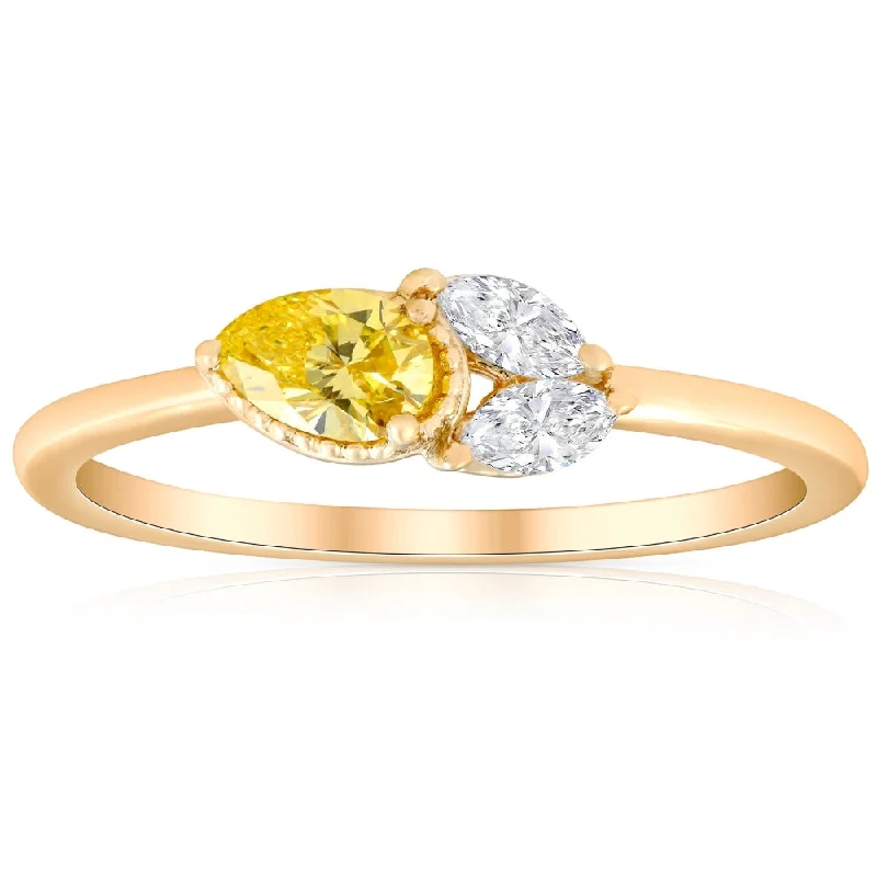 women platinum engagement rings -3/8Ct Fancy Yellow Pear & Marquise Shape Diamond Ring Yellow Gold Lab Grown