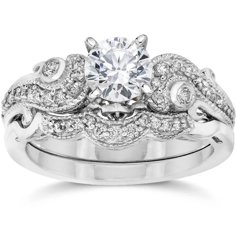 women classic solitaire diamond engagement rings -Emery 3/4Ct Vintage Diamond Engagement Wedding Ring Set 14K White Gold