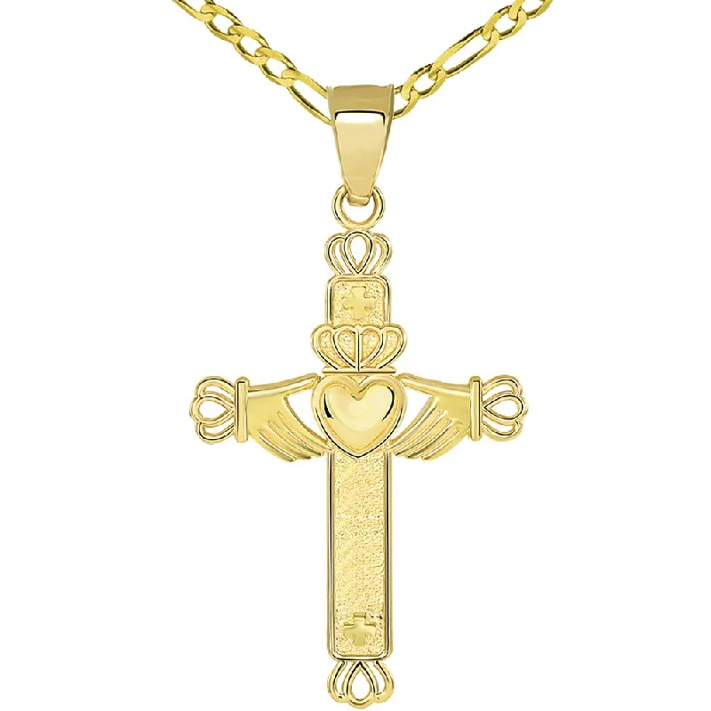 women engraved pendant necklaces -Solid 14k Yellow Gold Irish Claddagh Religious Cross Pendant with Figaro Chain Necklace