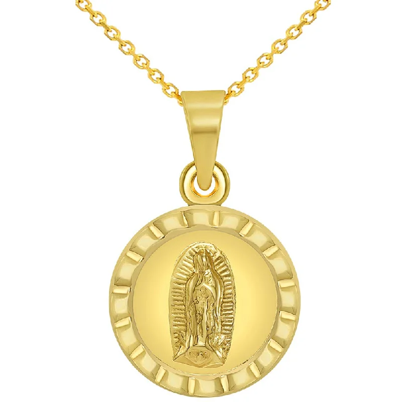 women moon necklaces -14k Yellow Gold Reversible Mini Guadalupe and Sacred Heart of Jesus Medallion Charm Pendant Necklace