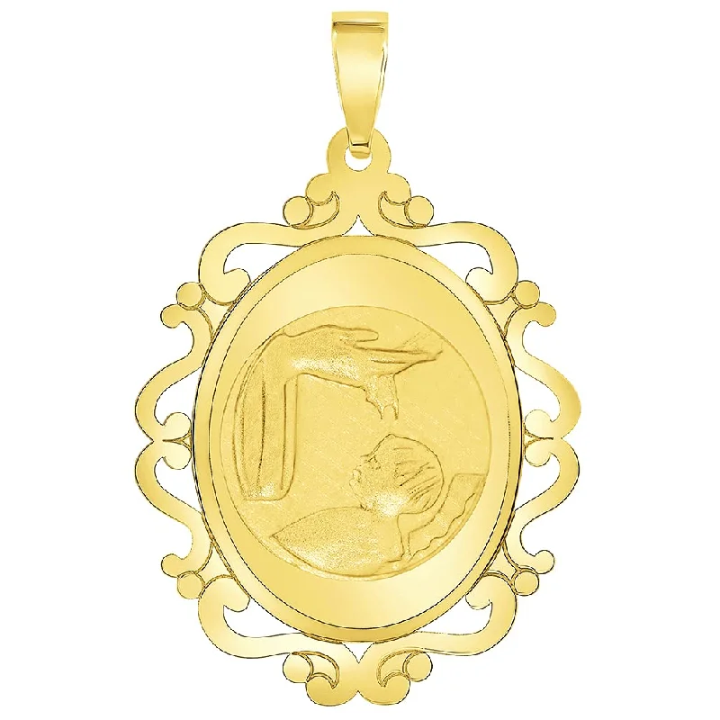 women charm necklaces -14k Yellow Gold Religious Baptism Christening On Elegant Ornate Medal Pendant (1")