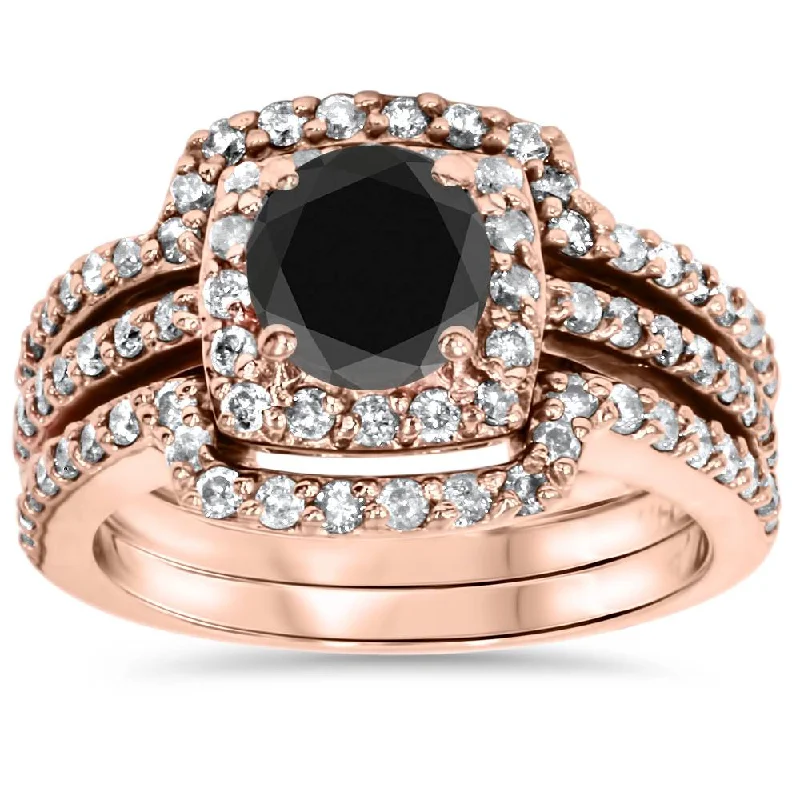 women white gold engagement rings -1 3/4ct Black Diamond Rose Gold Cushion Halo Ring Set 14K