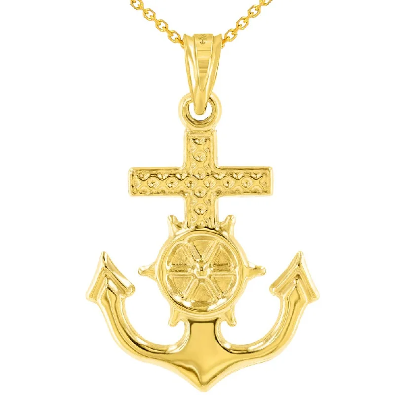 women spiral necklaces -Polished 14K Yellow Gold Anchor Charm with Mariner's Cross Nautical Pendant Necklace