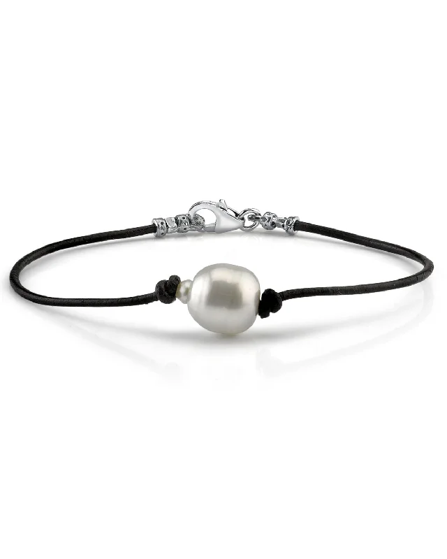 women silver cuff bracelets -White South Sea Baroque Pearl Leather Bracelet