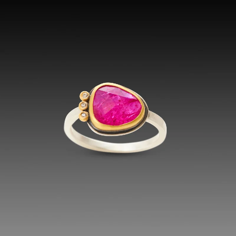 women vintage rings -Rose Cut Ruby Ring with Three Diamonds