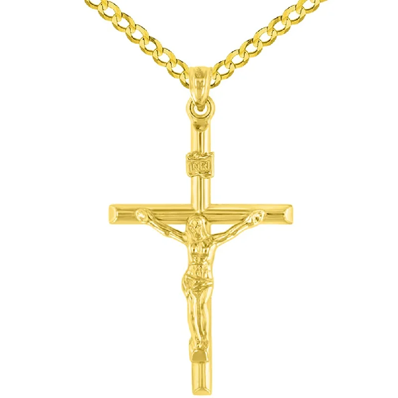 women anniversary necklaces -14K Yellow Gold INRI Crucifix Tubular Simple Polished Cross Pendant with Curb Chain Necklace