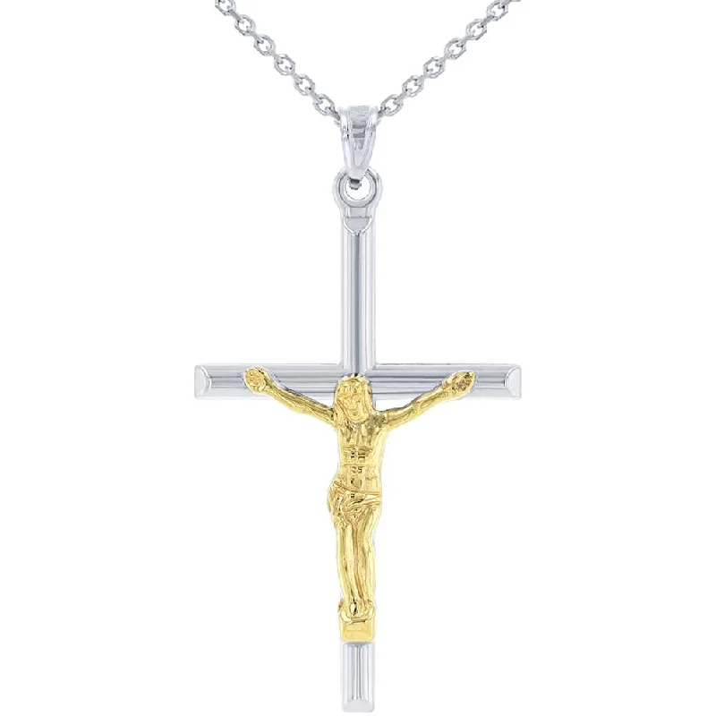 women lock necklaces -14k White Gold Two-Tone Tube Cross Charm with Jesus Crucifix Pendant Necklace