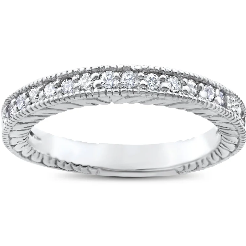 women custom wedding bands -1/5ct Heirloom Diamond Vintage Wedding Ring 14K White Gold Womens band