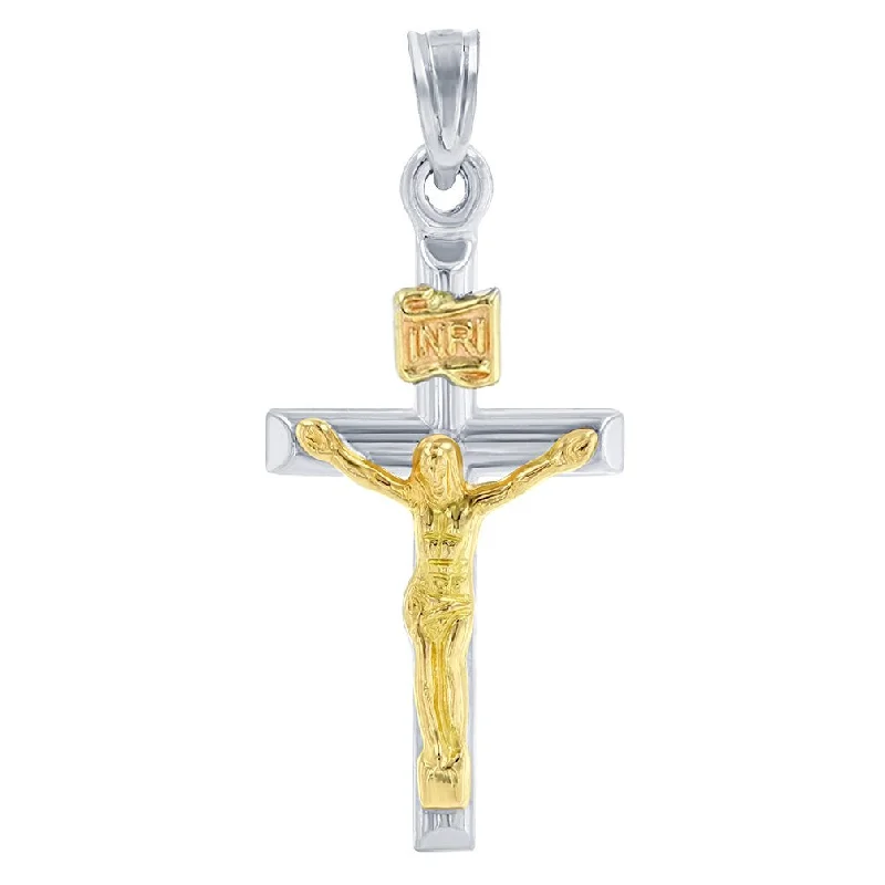 women silver necklaces -14K White Gold INRI Latin Cross Two Tone Crucifix Pendant 31mm x 15mm