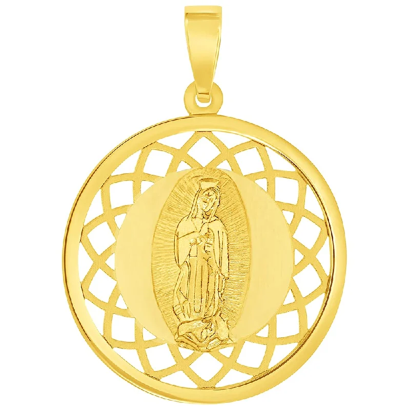 women chic necklaces -14k Yellow Gold Round Open Ornate Miraculous Medal of Our Lady of Guadalupe Pendant (1")