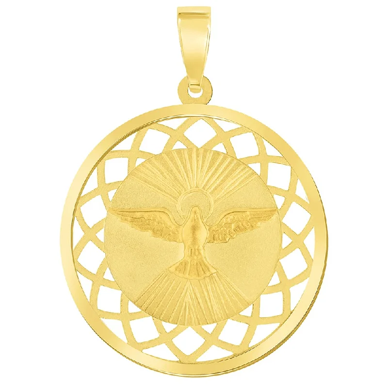 women unique charm necklaces -14k Yellow Gold Holy Spirit Dove Religious Round Open Ornate Medal Pendant