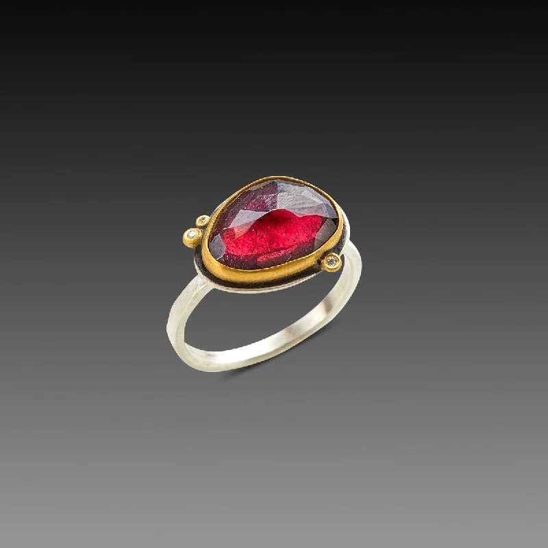 women fashion rings -Rose Cut Rhodolite Garnet Ring with Three Diamonds