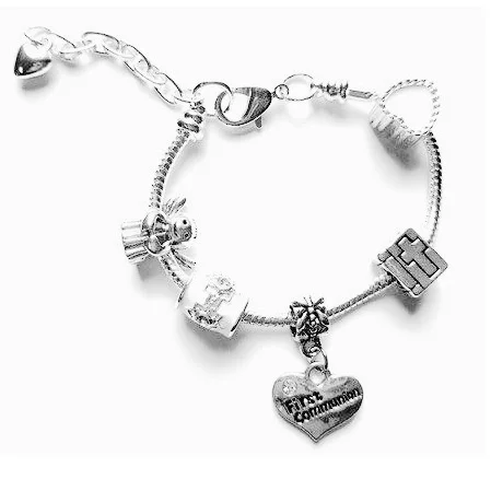 women stacking charm bracelets -Children's Adjustable Communion/Confirmation Silver Plated Charm Bead Bracelet