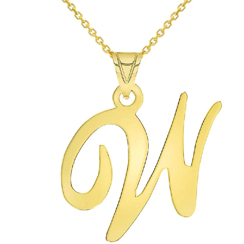 women custom engraved gold necklaces -14k Yellow Gold Dainty Uppercase Script Initial W Cursive Letter Pendant Necklace