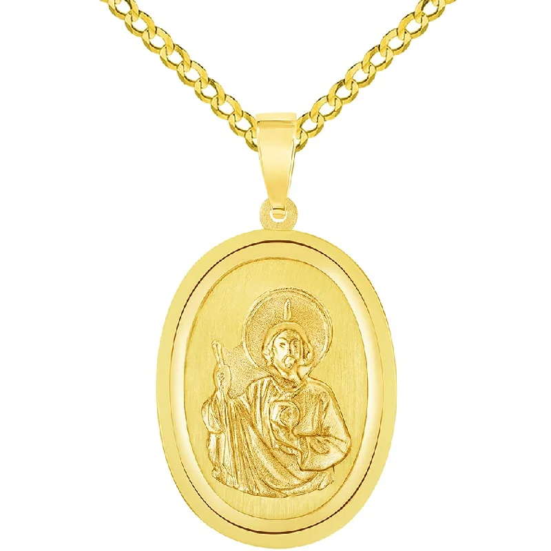 women custom charm necklaces -14k Yellow Gold Oval Miraculous Medal of Saint Jude Thaddeus the Apostle Pendant with Cuban Chain Curb Necklace