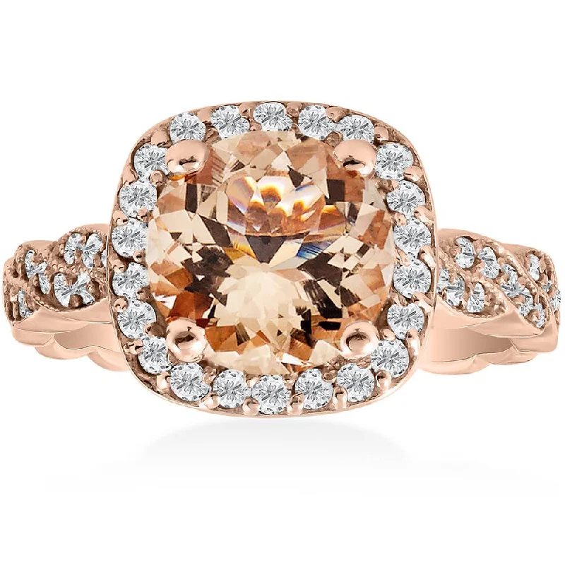 women princess diamond engagement rings -1 7/8ct Morganite & Diamond Vintage Halo Infinity Ring 14K Rose Gold