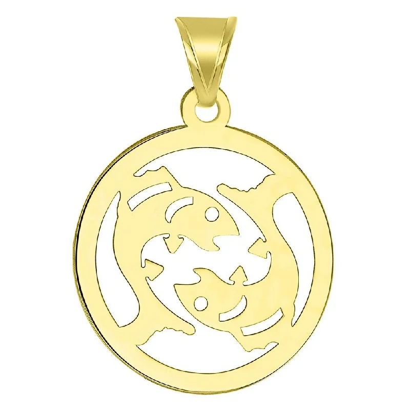 women wedding day necklaces -14k Yellow Gold Dainty Round Pisces Zodiac Symbol Cut-Out Fish Pendant