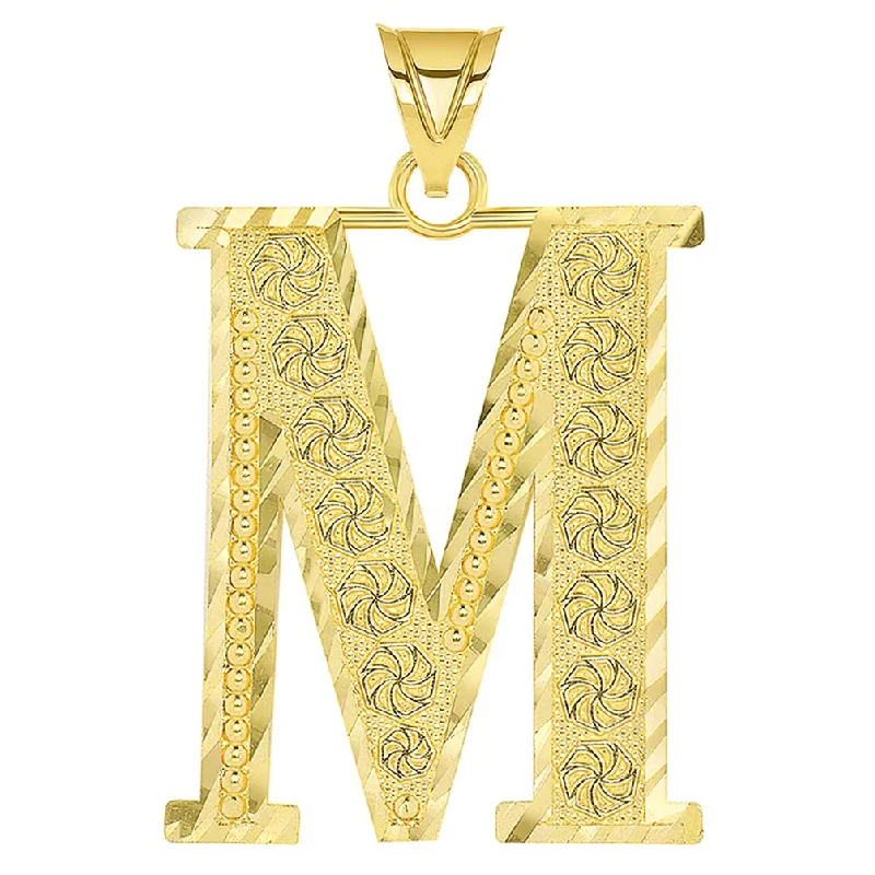 women diamond necklaces -14k Yellow Gold Textured Uppercase Initial M Letter Pendant with Eternity Symbols 1 inch