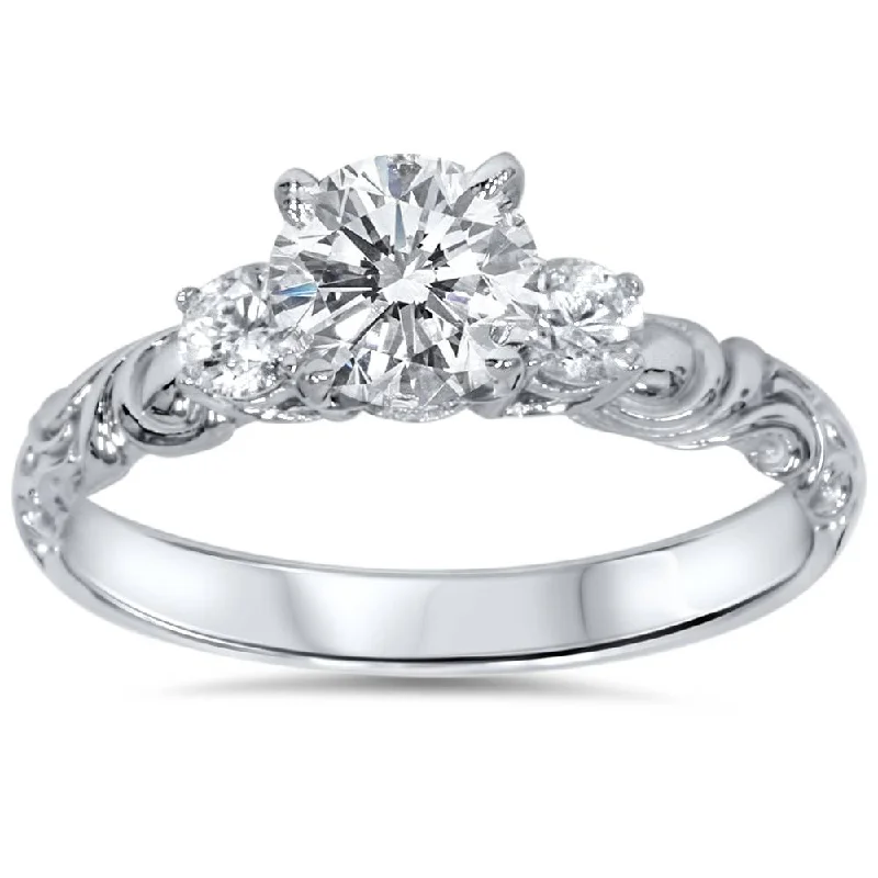 women stackable engagement rings -3/4ct Vintage 3 Stone Diamond Engagement Ring 14K White Gold