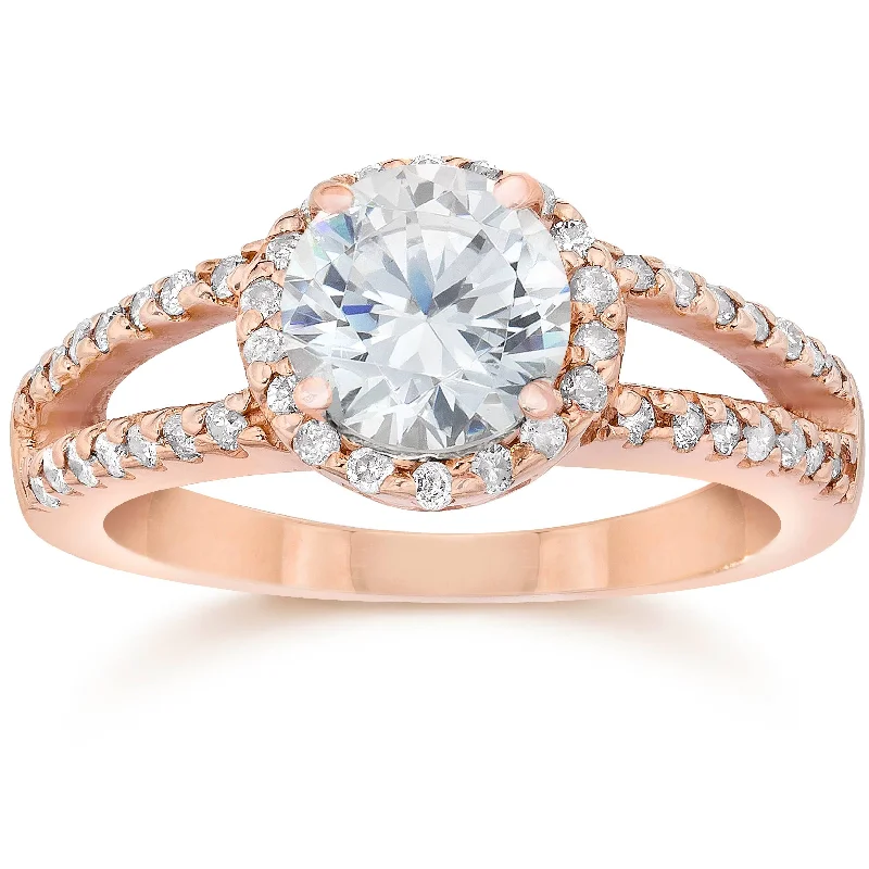 women custom designed engagement rings -2.00CT Split Shank Diamond Halo Engagement Ring 14K Rose Gold