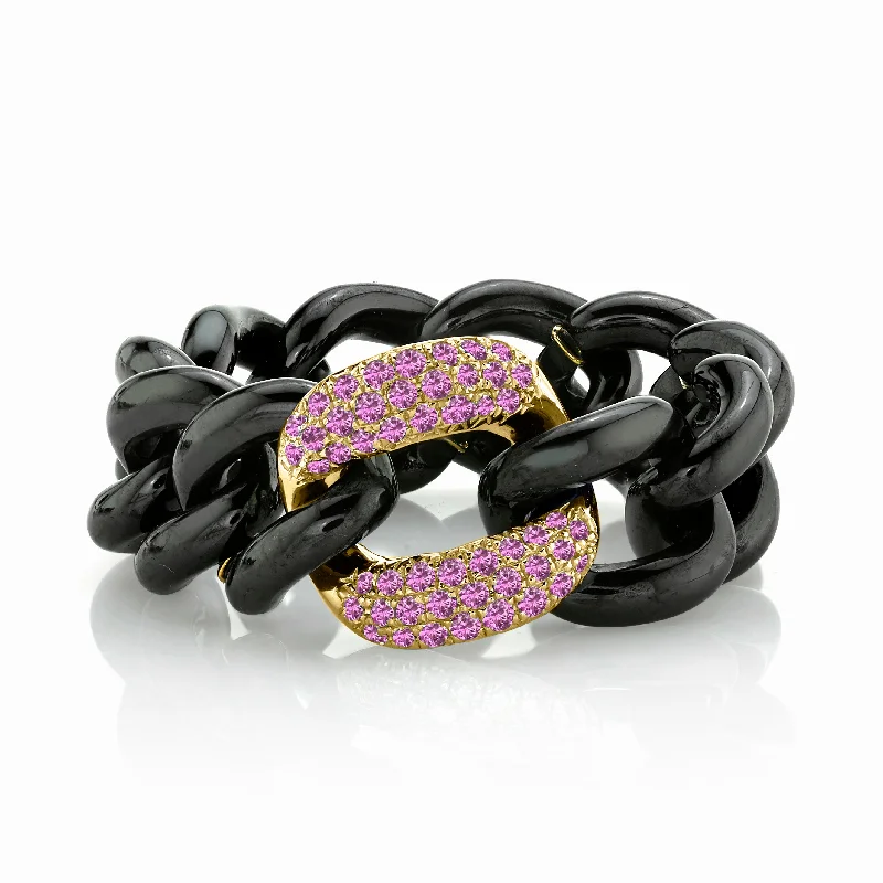 women delicate rings -PINK SAPPHIRE & BLACK CERAMIC MEDIUM LINK RING