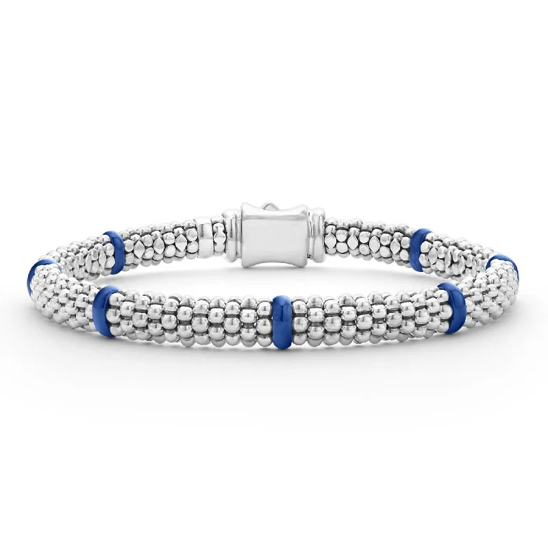 women silver bangles -Blue Caviar Ultramarine Ceramic Station Caviar Bracelet | 6mm