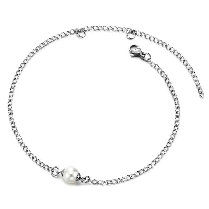 women engraved bangle sets -Elegant Womens Stainless Steel Link Chain Anklet Bracelet with Charm of Pearl, Adjustable