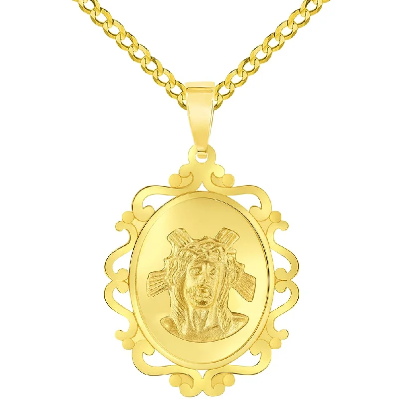 women infinity pendant necklaces -14k Yellow Gold Holy Face of Jesus Christ On Elegant Ornate Miraculous Medal Pendant with Cuban Chain Curb Necklace