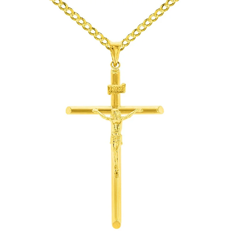 women elegant necklaces -14K Yellow Gold Polished Tubular Cross INRI Crucifix Pendant with Cuban Chain Necklace