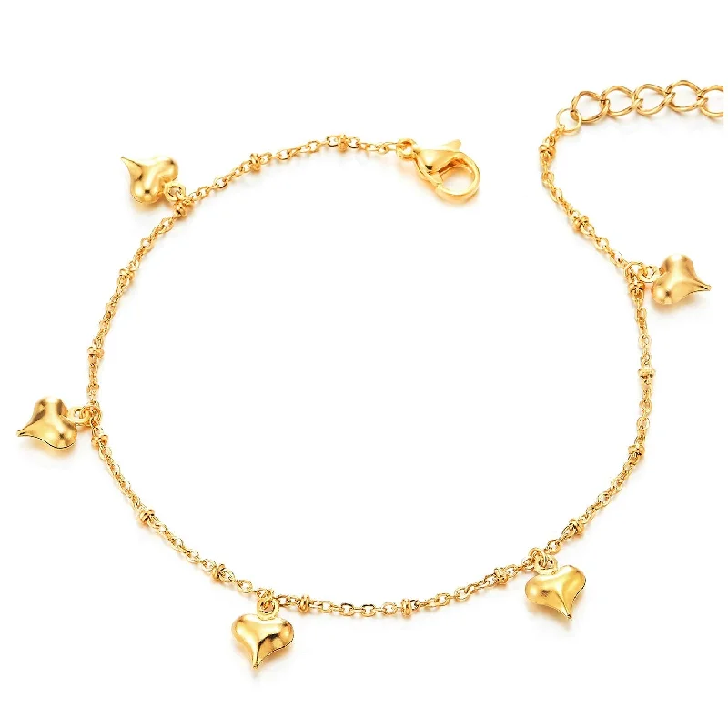 women leather cuff bracelets -Gold Color Steel Link Chain Anklet Bracelet with Dangling Charms of Puff Hearts and Jingle Bell