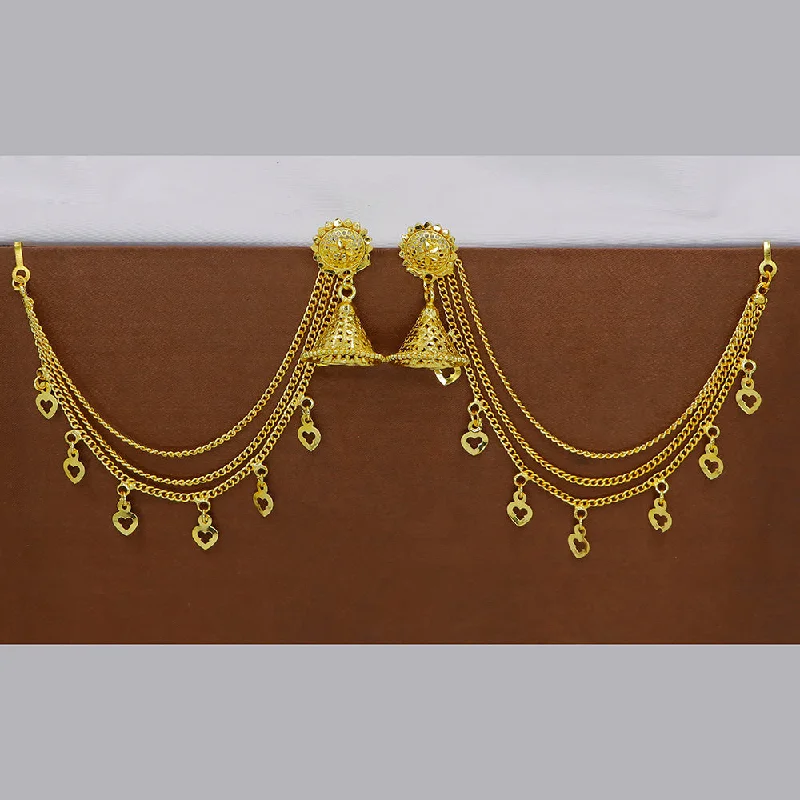 women statement drop earrings -Mahavir  Gold Plated Jhumki Earrings With Kan Chain