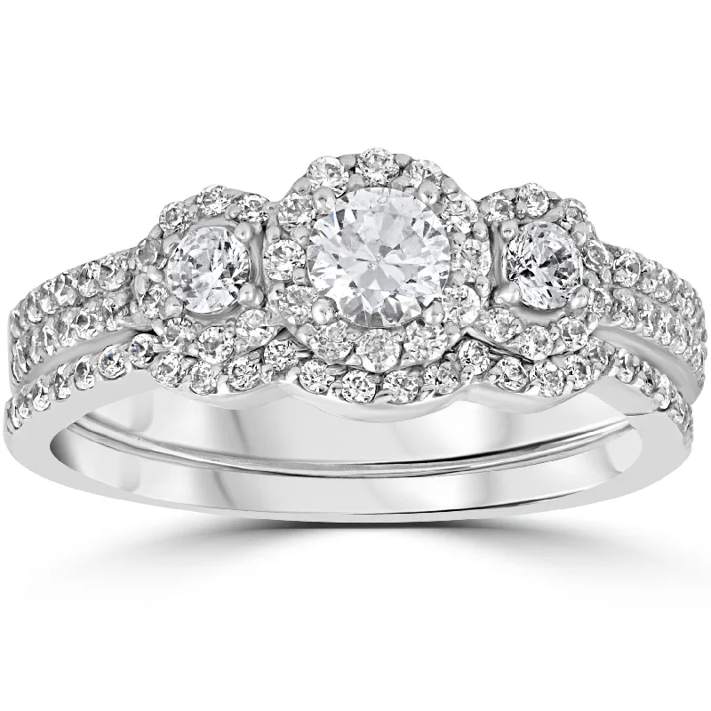 women princess diamond engagement rings -1.00CT 3-Stone Diamond Engagement Wedding Ring Set 10K White Gold