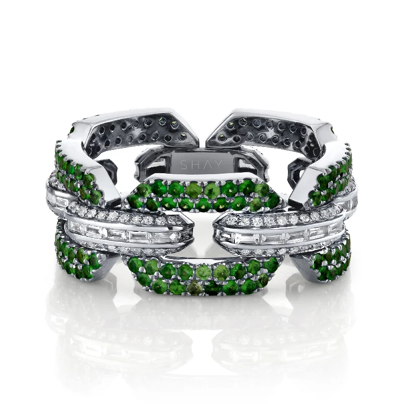 women sapphire and diamond rings -MEN'S GREEN GARNET & DIAMOND PAVE GEO LINK RING