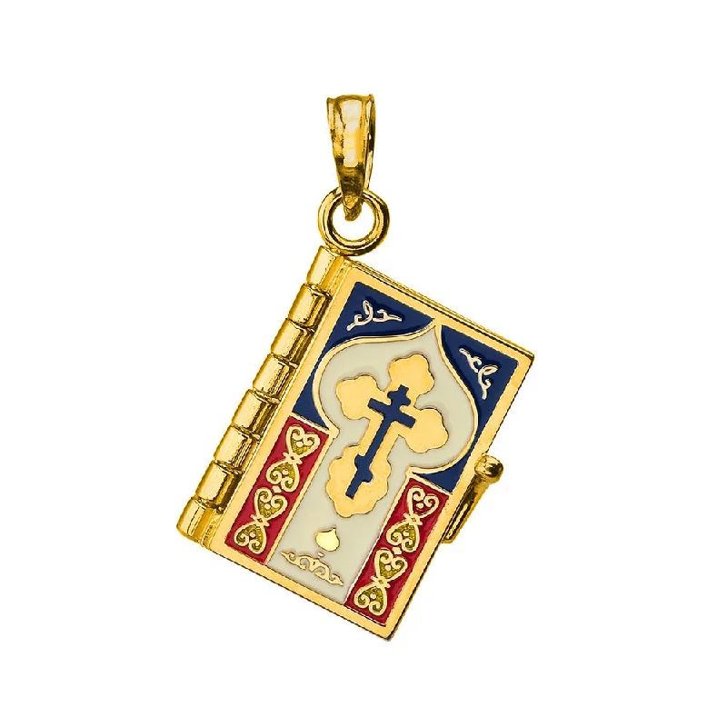 women minimalist pendant necklaces -Jewelry America 14k Yellow Gold Russian Orthodox Bible Book Charm Holy Bible with Prayer Pendant