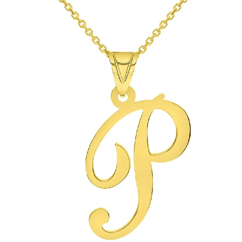 women halo necklaces -14k Yellow Gold Dainty Uppercase Script Initial P Cursive Letter Pendant Necklace