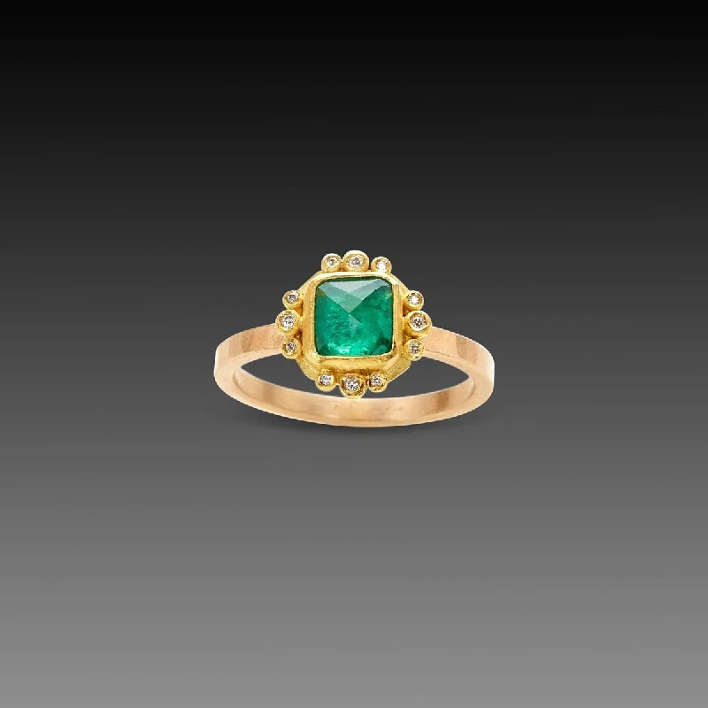 women anniversary rings -Square Emerald Ring With Diamond Trios