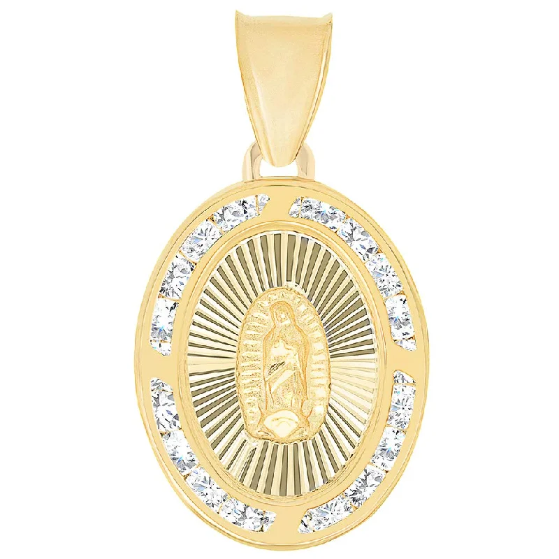 women teardrop necklaces -14k Yellow Gold Cubic Zirconia Latin Catholic Our Lady Of Guadalupe Oval Medal Pendant