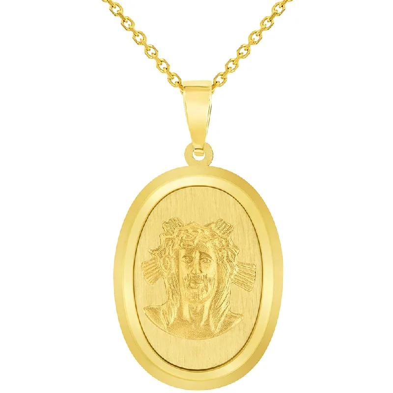 women trendy gold necklaces -14k Yellow Gold Holy Face of Jesus Christ On Oval Miraculous Medal Pendant Necklace