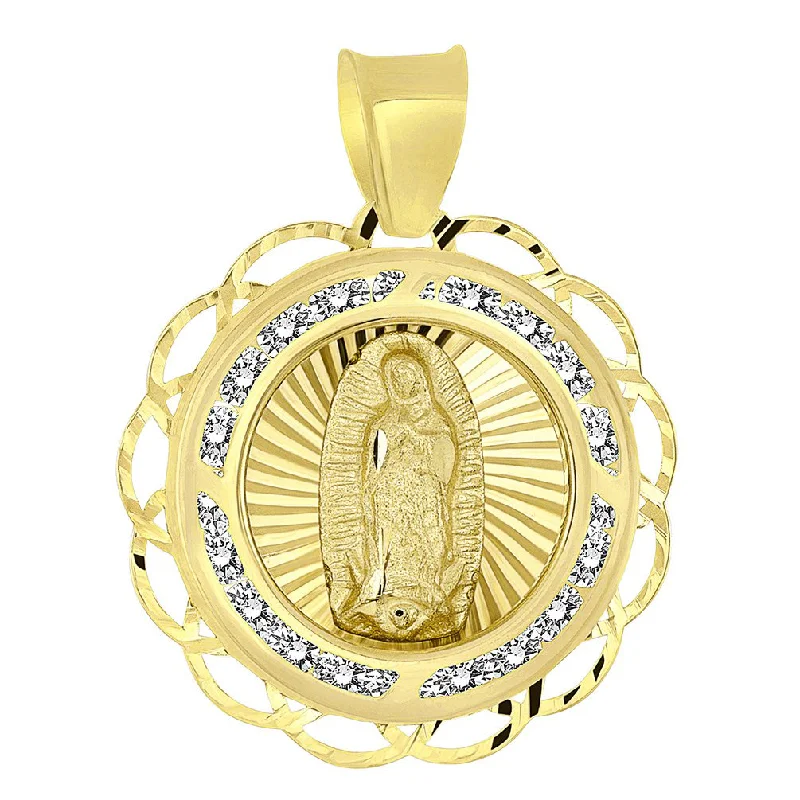 women geometric necklaces -14k Yellow Gold Round Fancy Our Lady of Guadalupe Mary Medallion Charm Pendant with Cubic Zirconia Gemstones